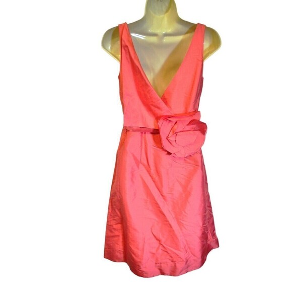 Lovely $295 J Crew Nanami Coral Pink Dupioni Silk Dress V Back + rosette Size 2 - Picture 2 of 6